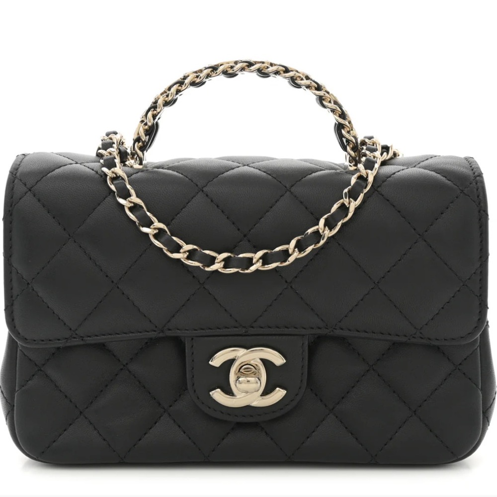 CHANEL Lambskin Quilted Mini Crystal Top Handle Rectangular Flap Black